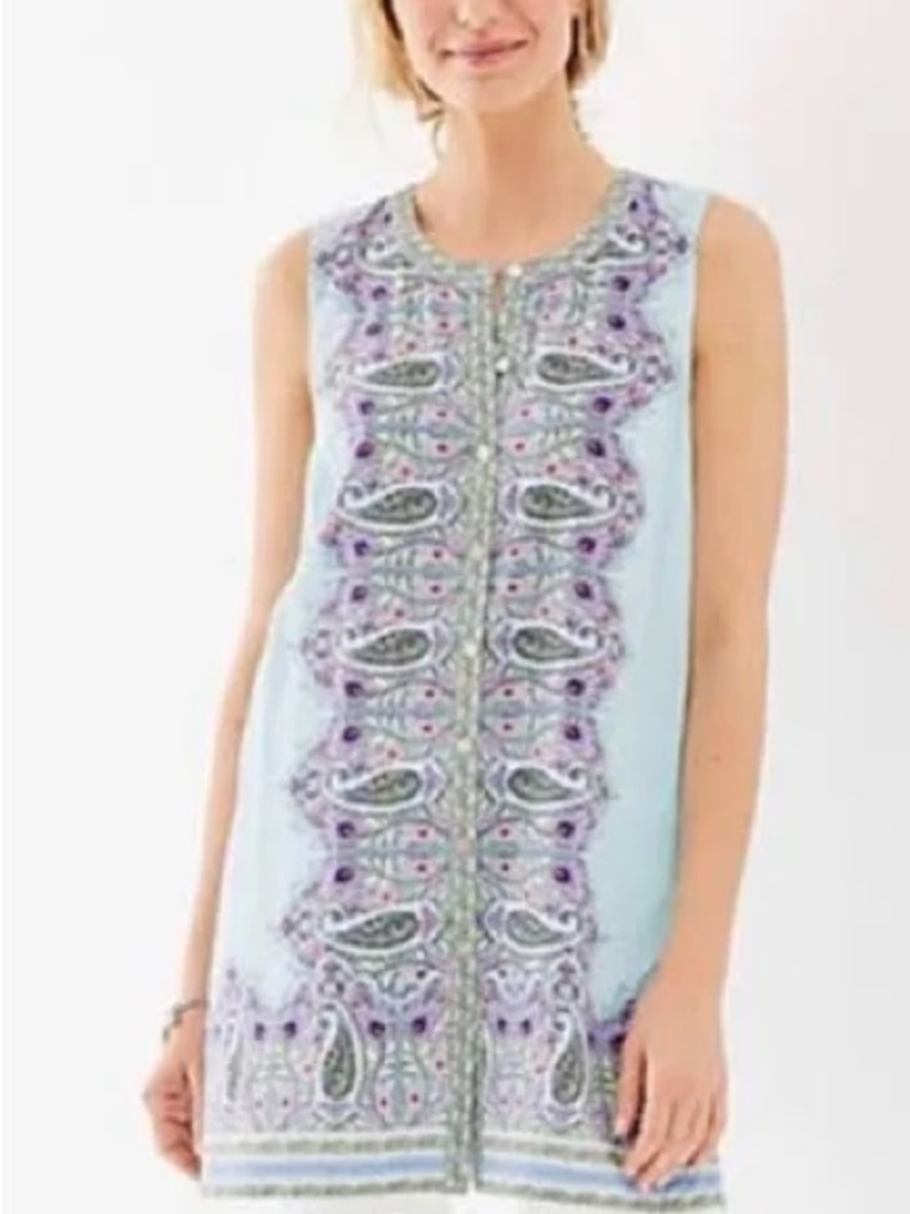 Like New Sea Foam & Purple Paisley Sleeveless Button-Down Tunic Top - 1X